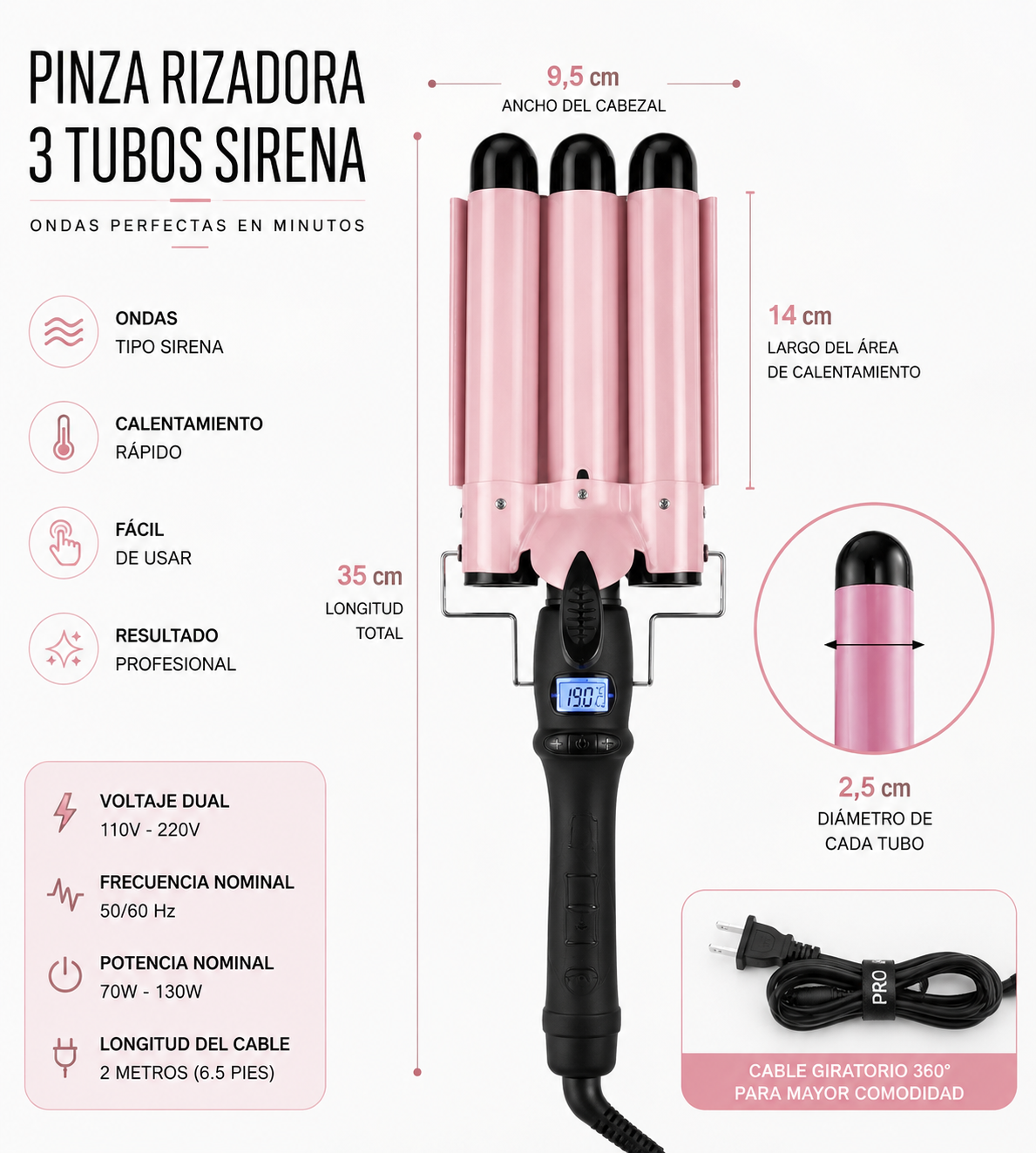 Pinza Rizadora 3 Tubos Sirena | Ondas de Playa Profesionales en Minutos
