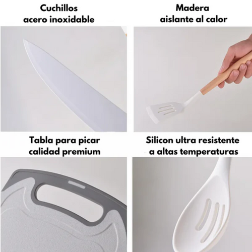Set de Utensilios de Cocina de Silicona 19 Piezas con Base Organizadora